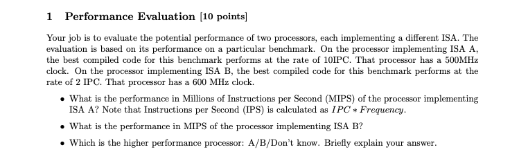 Hi please assist with this computer architecture question. 1 Performance Evaluation (10