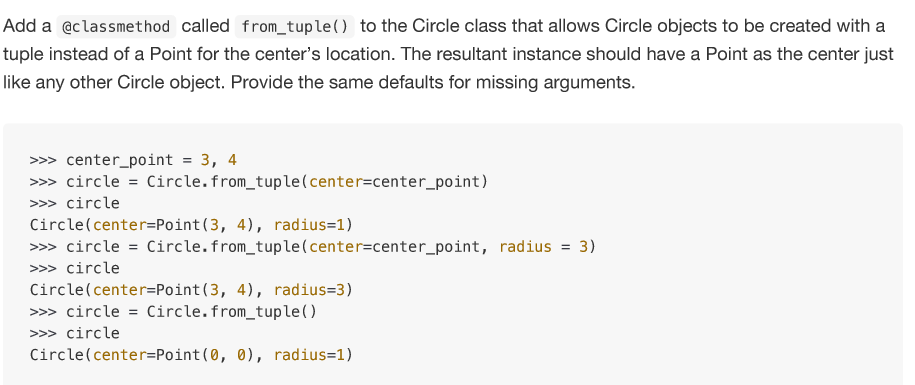 Python.Circle class uses a Point object as the center. A @classmethod called