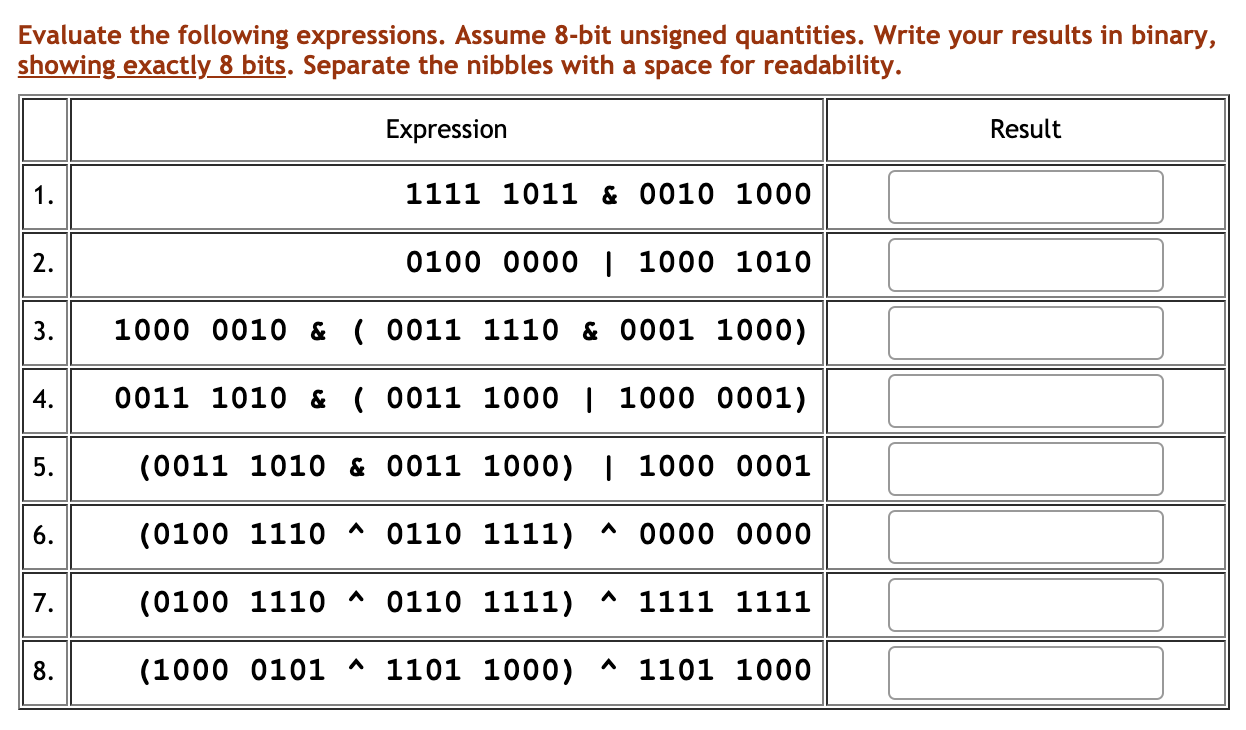 Evaluate the following expressions. Assume 8-bit unsigned quantities. Write your results