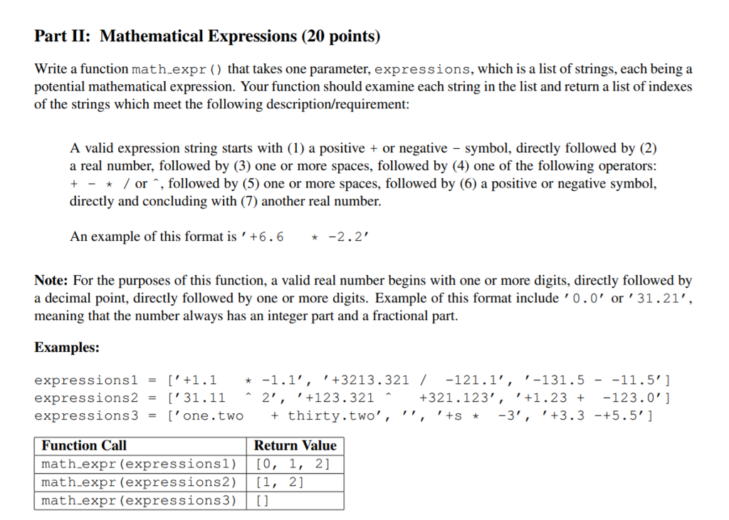 Write a function math expr() that takes one parameter, expressions, which is