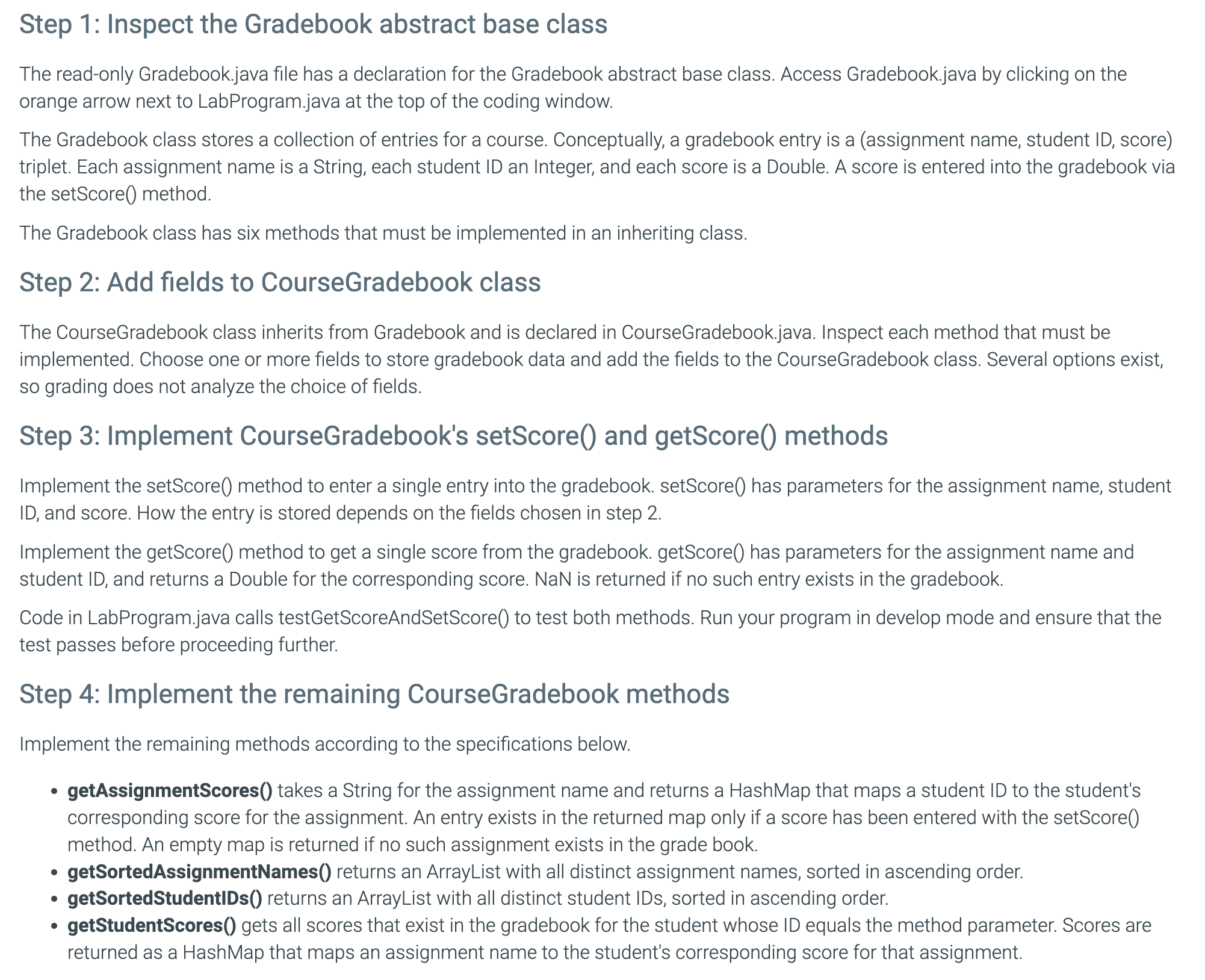 Please Use Java: Tests.java: Step 1: Inspect the Gradebook abstract base class
