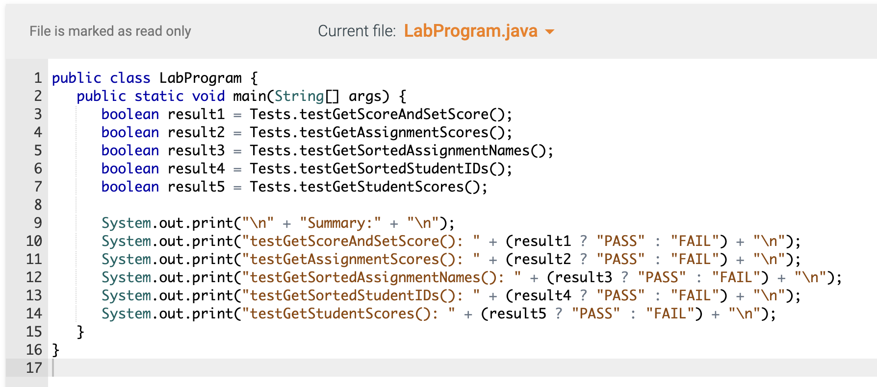 The read-only Gradebook.java file has a declaration for the Gradebook abstract base