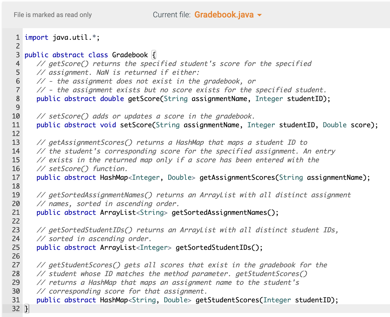 at the top of the coding window. The Gradebook class stores a