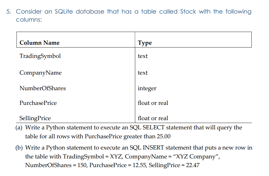  Consider an SQLite database that has a table called Stock with