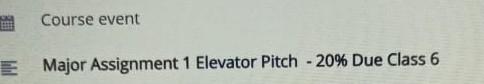  Course event E Major Assignment 1 Elevator Pitch - 20% Due