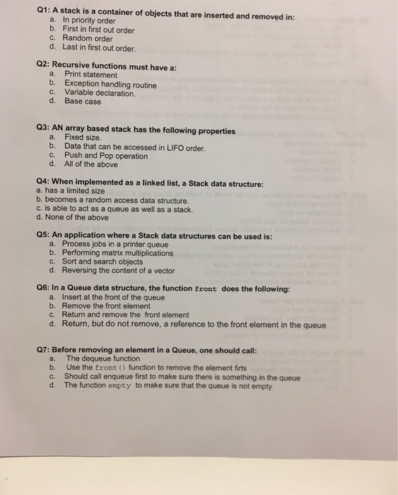  Please just circle right answer no need for solutions Q1: A