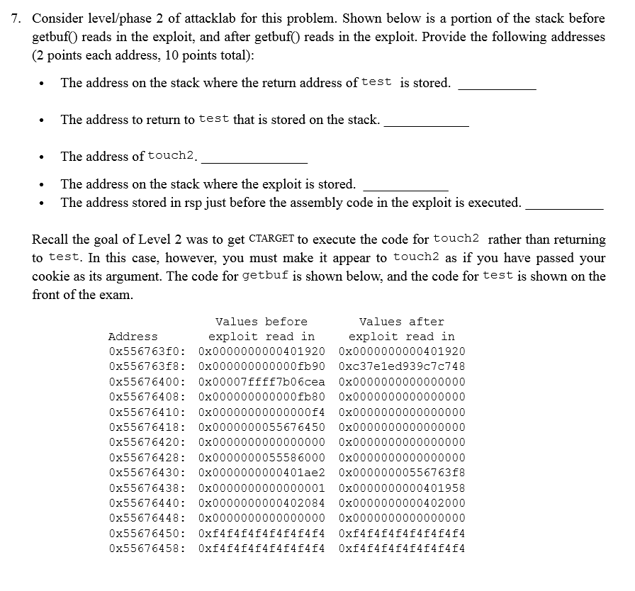  7. Consider level/phase 2 of attacklab for this problem. Shown below