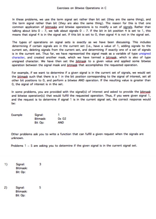  Exercises on Bitwise Operations in C In these problems, we use