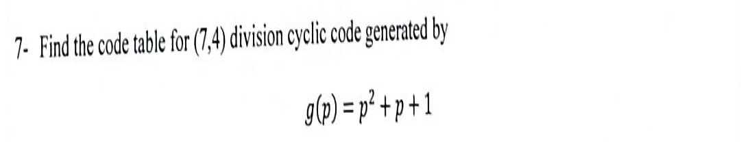  Find the code table for (7,4) division cyclic code generated by