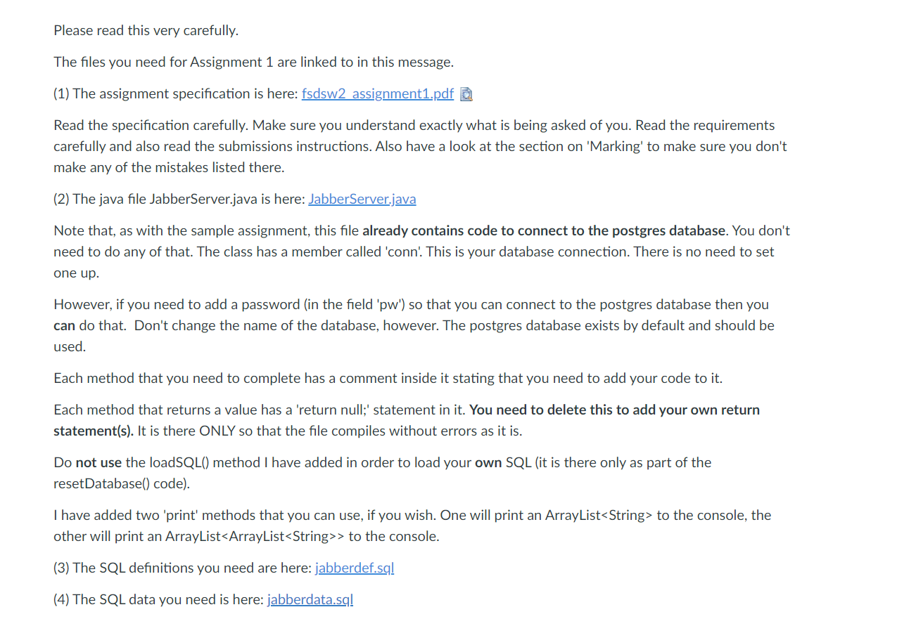  The assignment specification The java file JabberServer.java package com.bham.fsd.assignments.jabberserver; import java.sql.Connection;