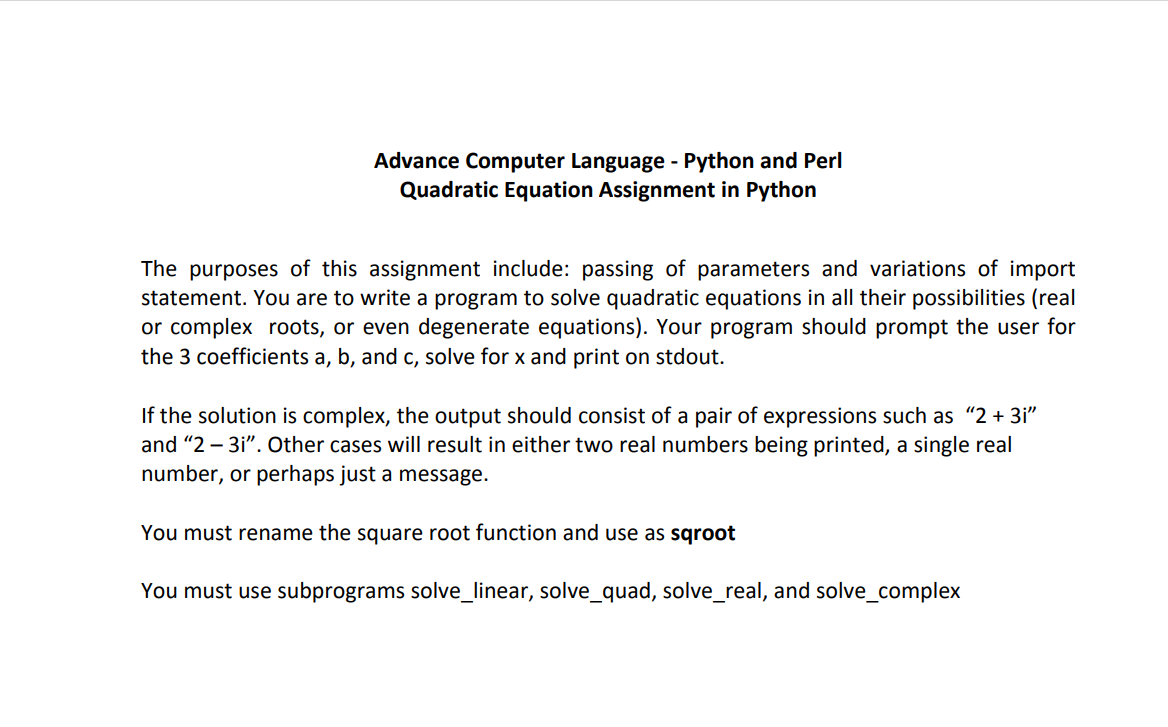  Advance Computer Language - Python and Perl Quadratic Equation Assignment in
