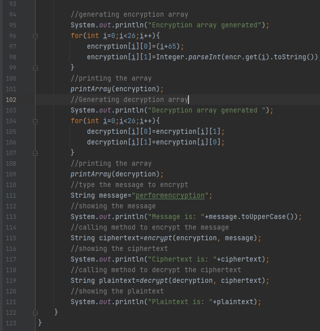 encrypt(int en[][], String msg) { //variable String ciphertext=""; int val; //converting messgae