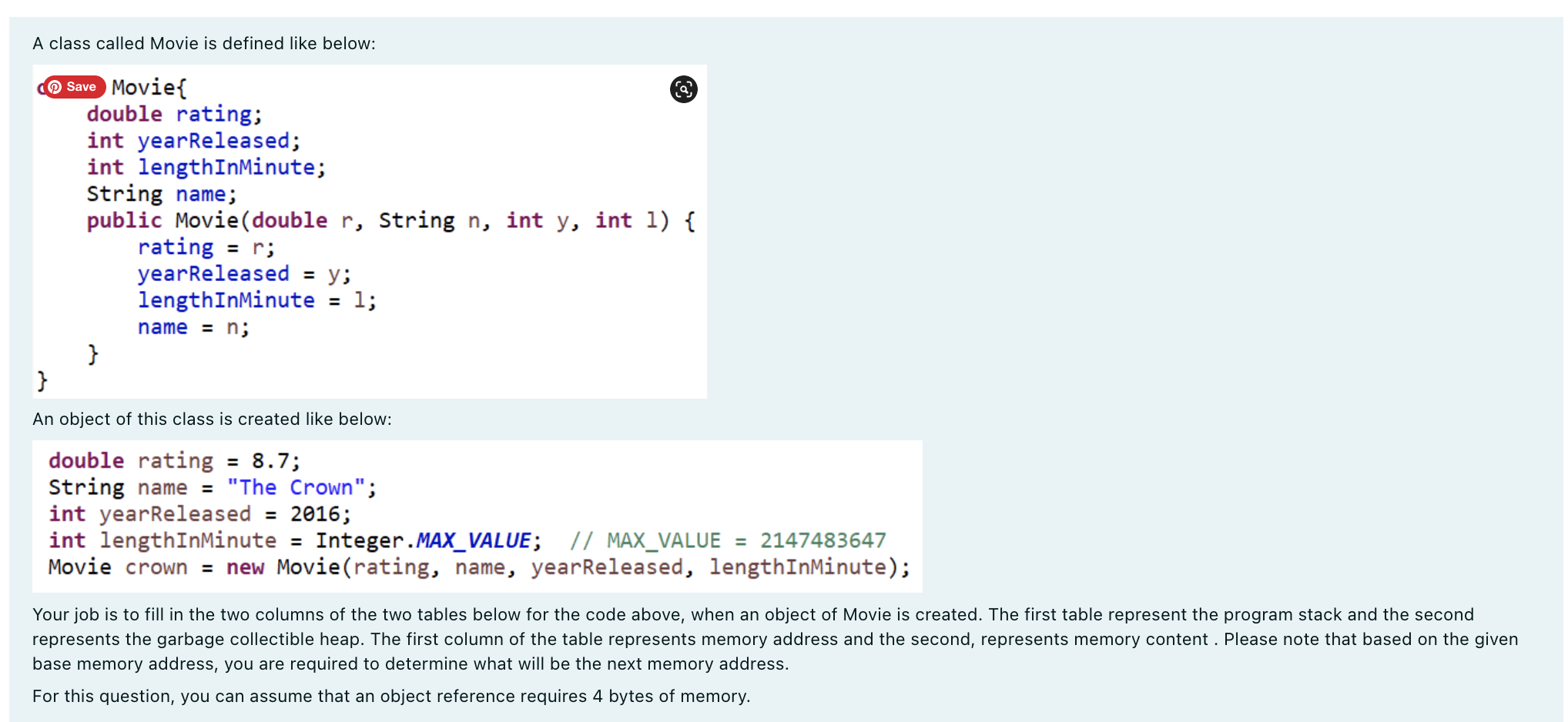 Please answer asap! JAVA A class called Movie is defined like below: