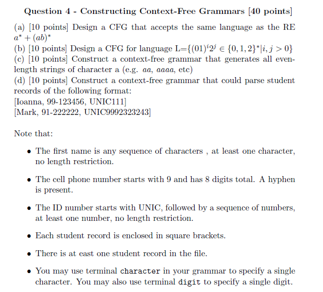  Question 4 - Constructing Context-Free Grammars (40 points] (a) [10 points)