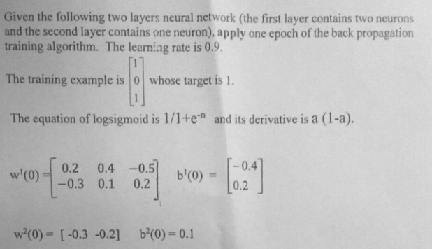 Given the following two layers neural network (the first layer contains