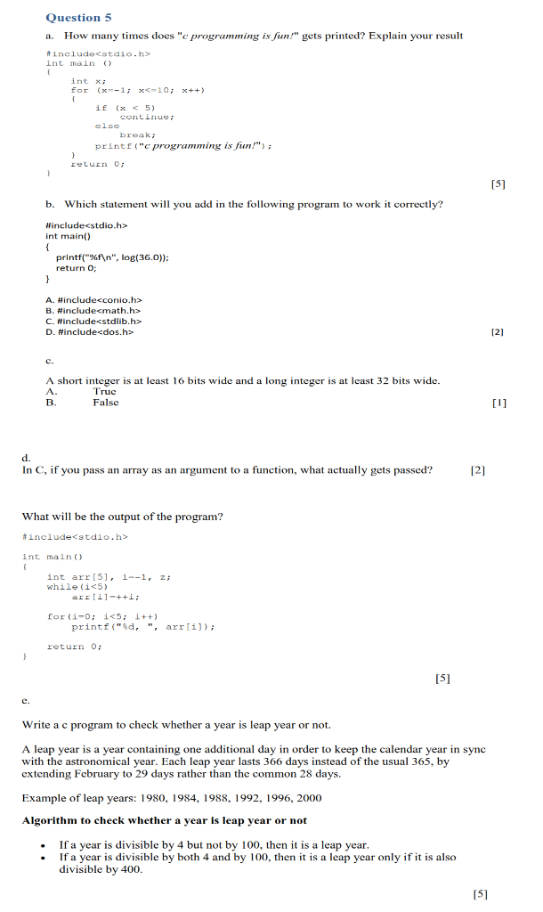 Question 5 a. How many times does "c programming is fun"