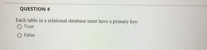  QUESTION 4 Each table in a relational database must have a