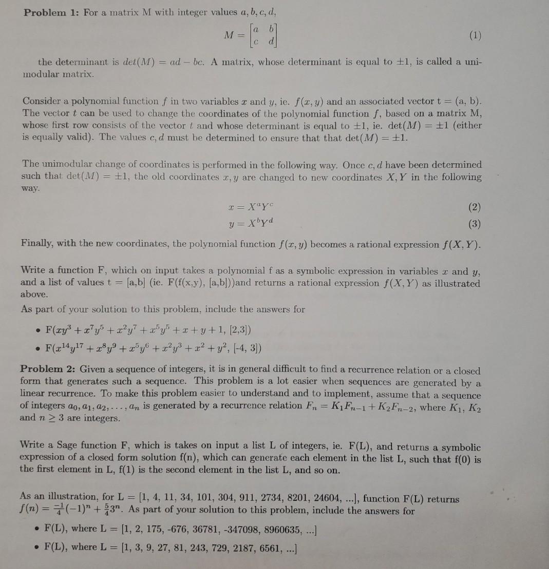  please make a code using sage math Problem 1: For a