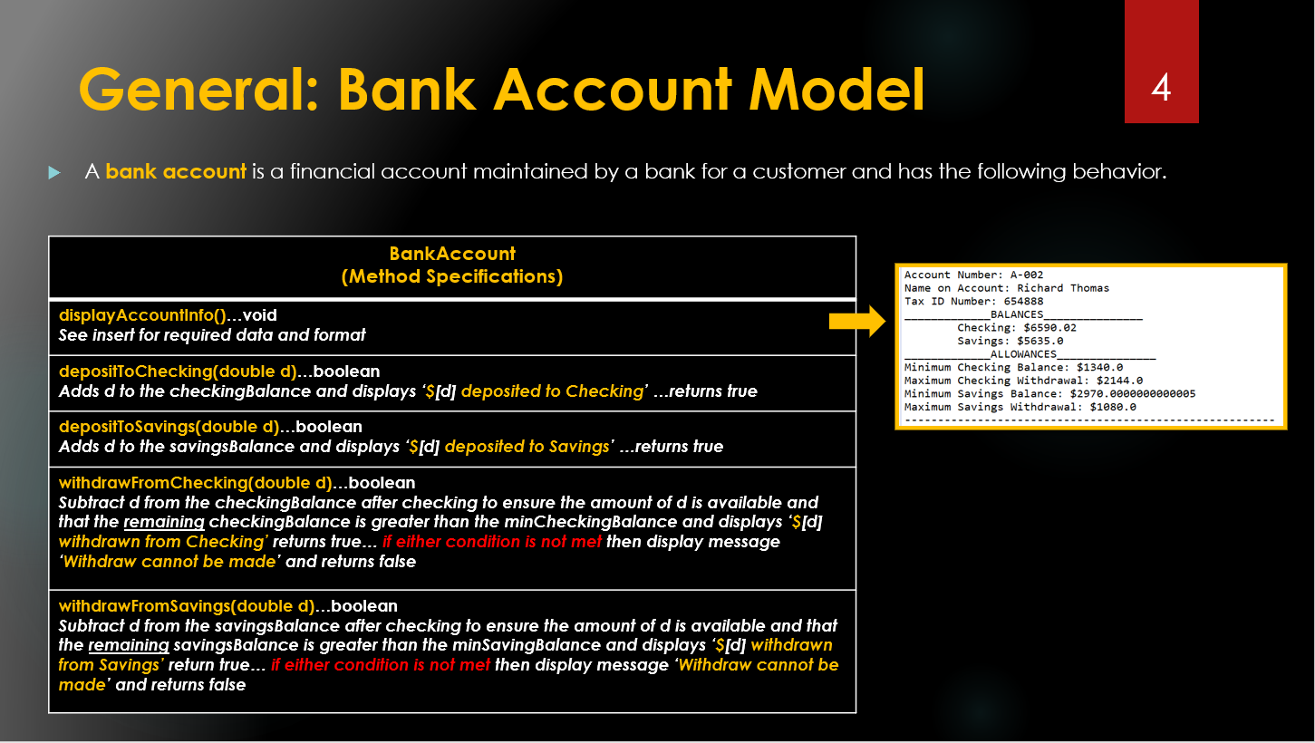 Create a single Java Program that models a Bank Account. Structure the