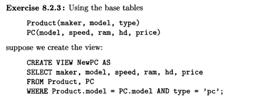  Exercise 8.2.3: Using the base tables Product (maker, model, type) PC(model,