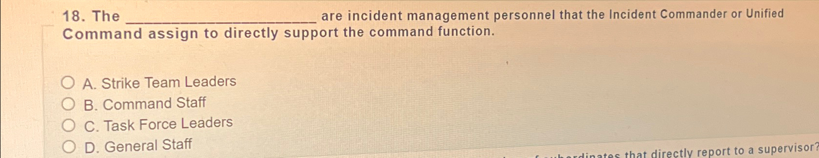  The ________ are incident management personnel that the Incident Commander or