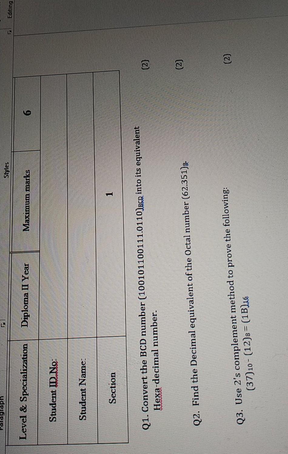 Palaglap Styles Editing Level & Specialization Diploma I Year Maximum marks