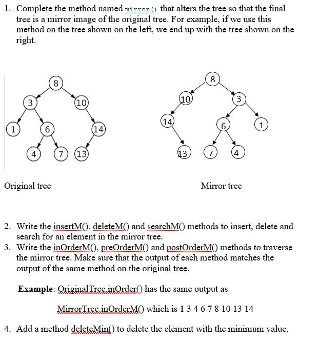 PLEASE USE JAVA 1. Complete the method namedmirror() that alters the tree