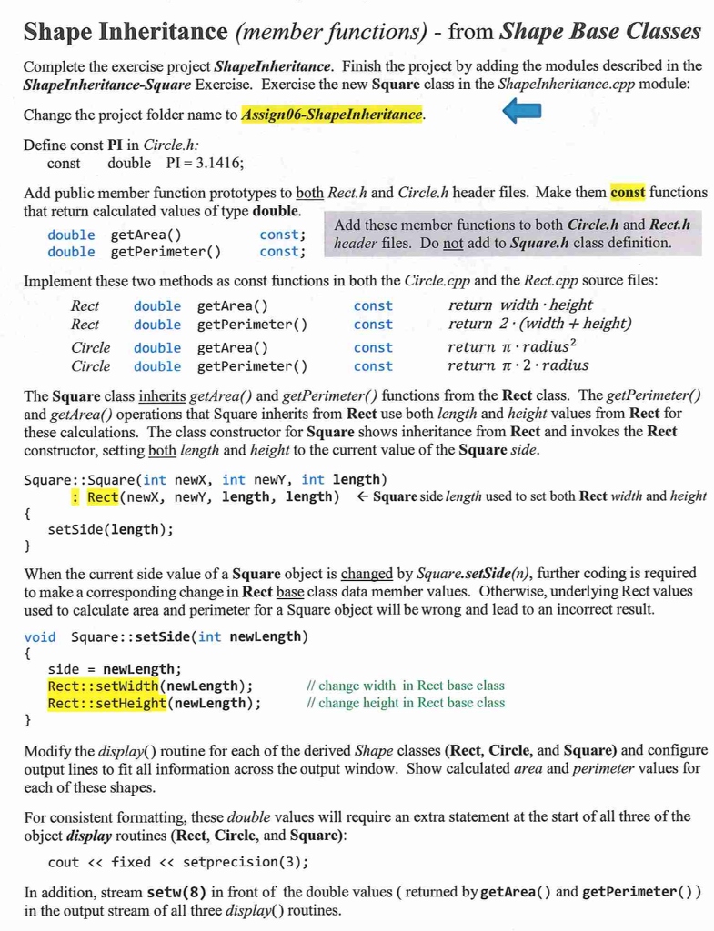  Shape Inheritance (member functions) - from Shape Base Classes Complete the