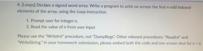write in assembly code 4. [Loops] Declare a signed word array. Write