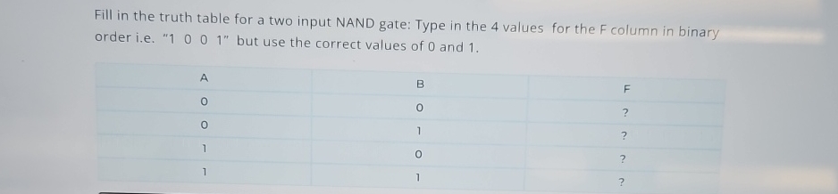  Fill in the truth table for a two input NAND gate: