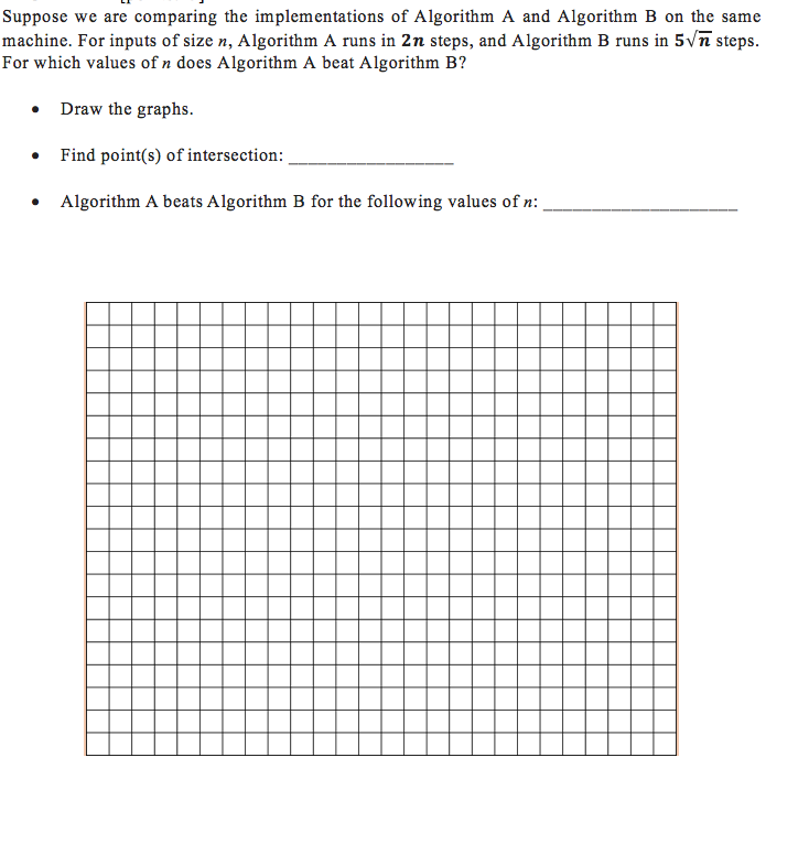  Suppose we are comparing the implementations of Algorithm A and Algorithm
