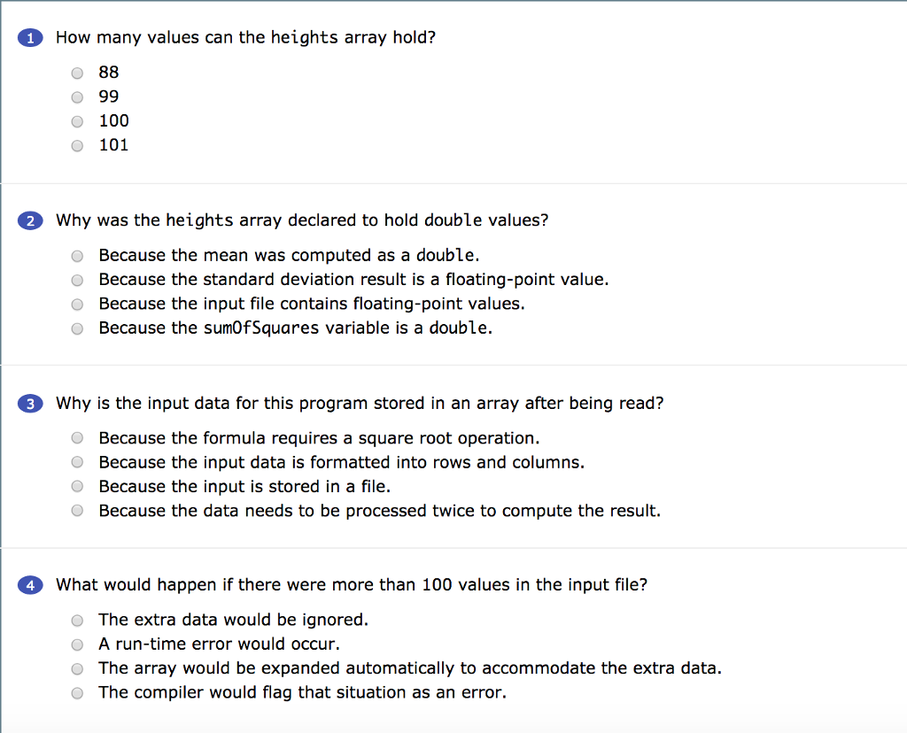  How many values can the heights array hold? 100 O 101