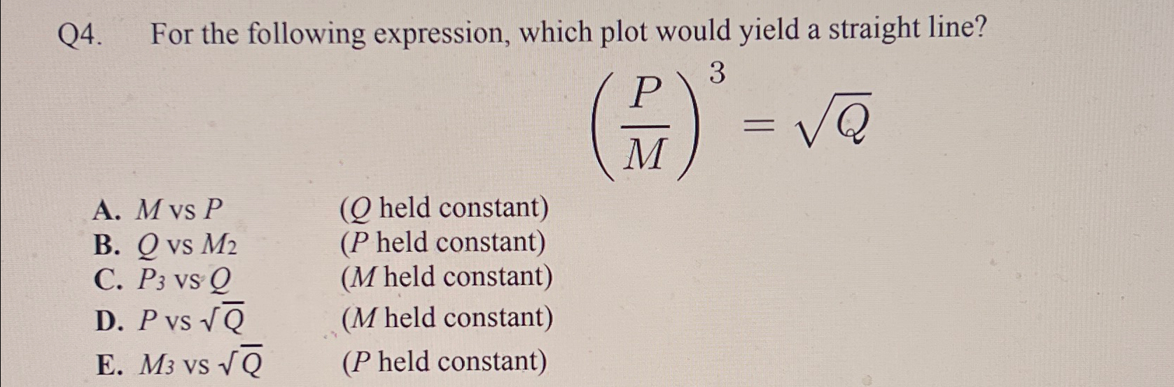  Q4. For the following expression, which plot would yield a straight