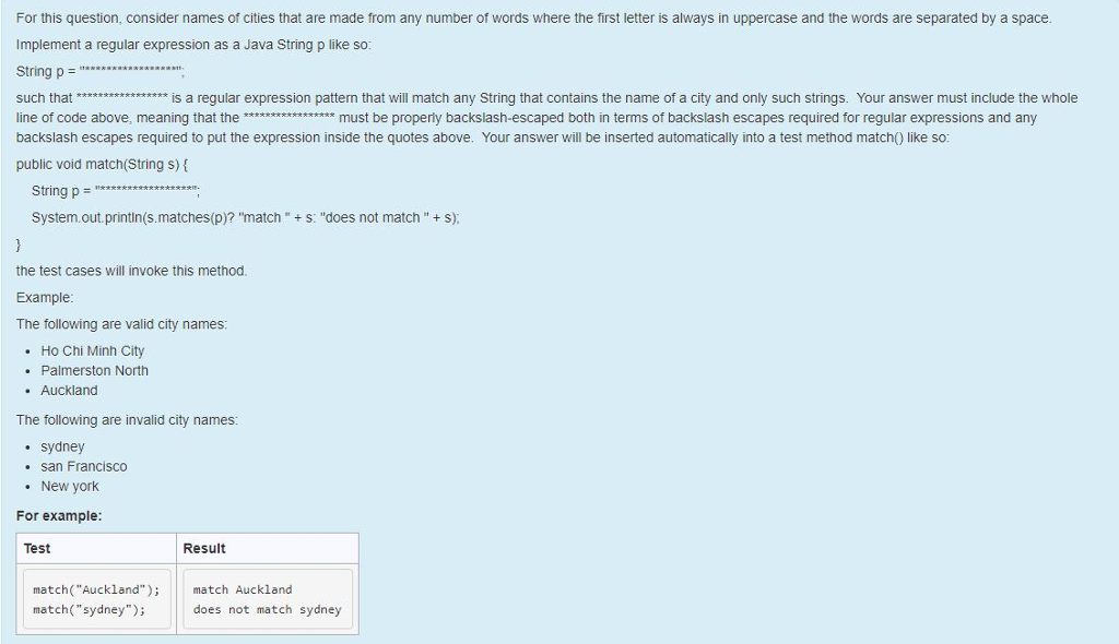 Java For this question, consider names of cities that are made from