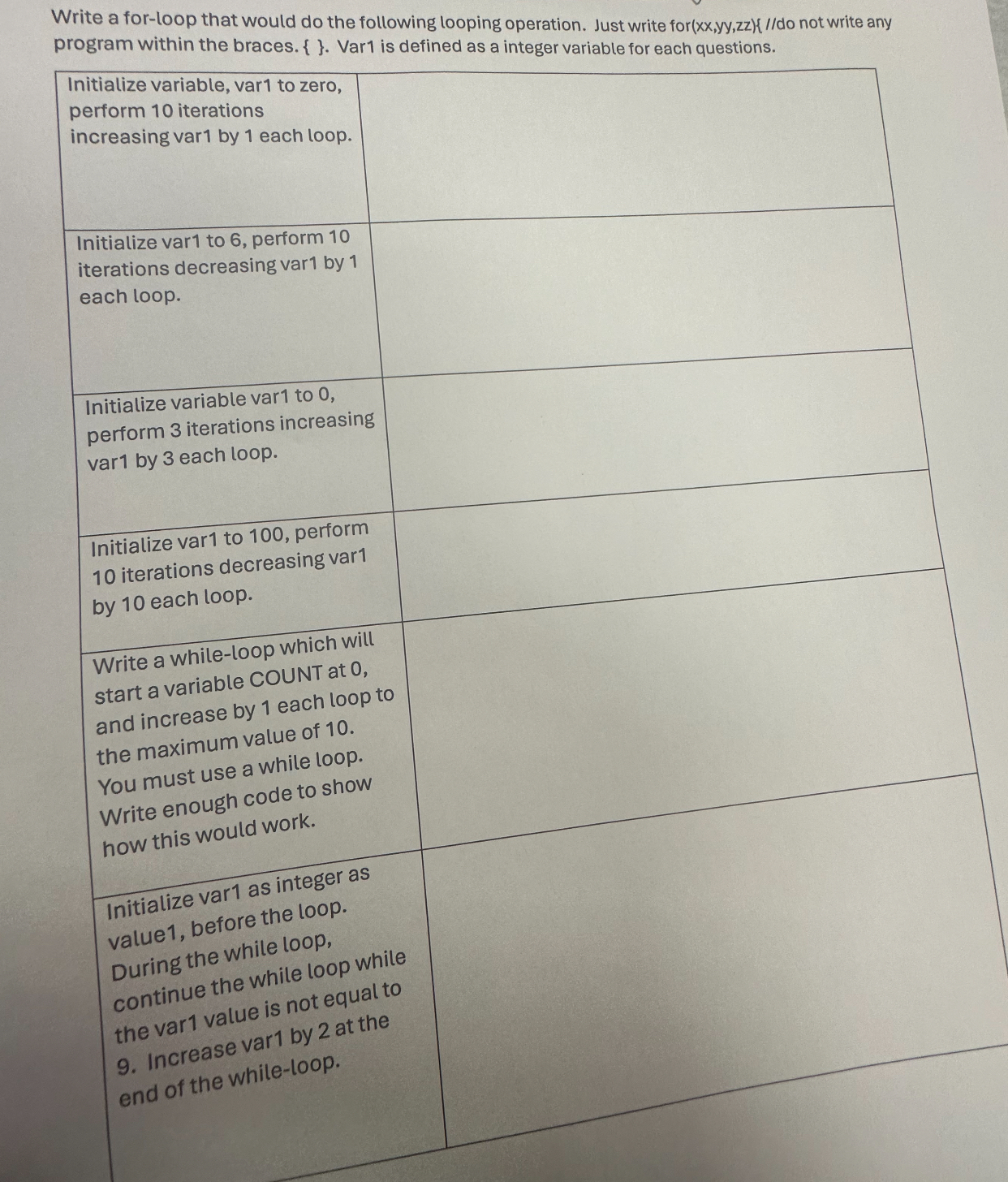  Write a for-loop that would do the following looping operation. Just
