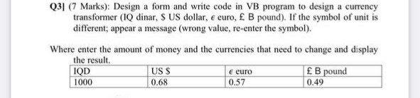  Q3] (7 Marks): Design a form and write code in VB