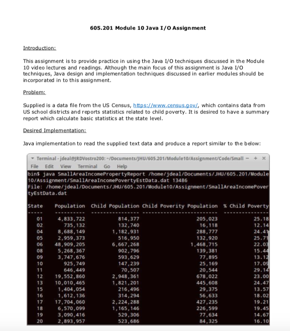  605.201 Module 10 Java I/O Assign ment This assignment is to