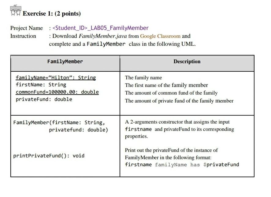 by java this is FamilyMember.java FamilyMemberTesting.java Exercise 1: (2 points) Project Name