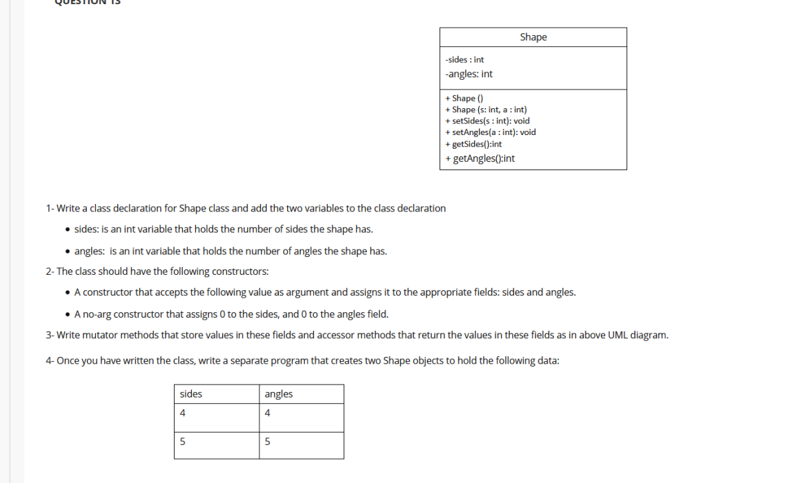  Shape -sides : int -angles: int +Shape() + Shape (s: int,