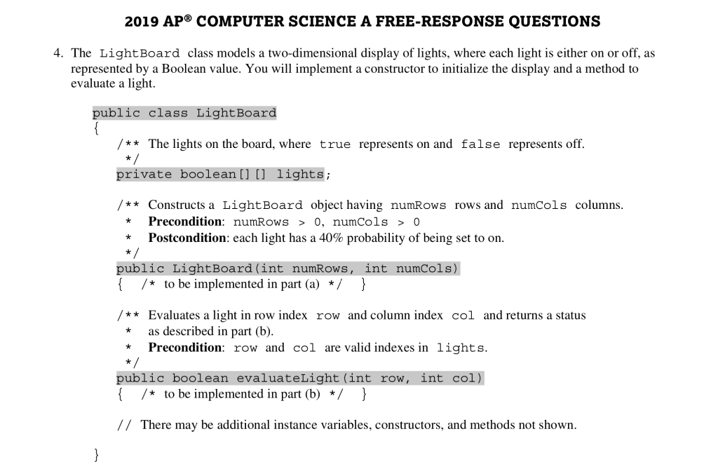 java 2019 AP COMPUTER SCIENCE A FREE-RESPONSE QUESTIONS off, as 4. The