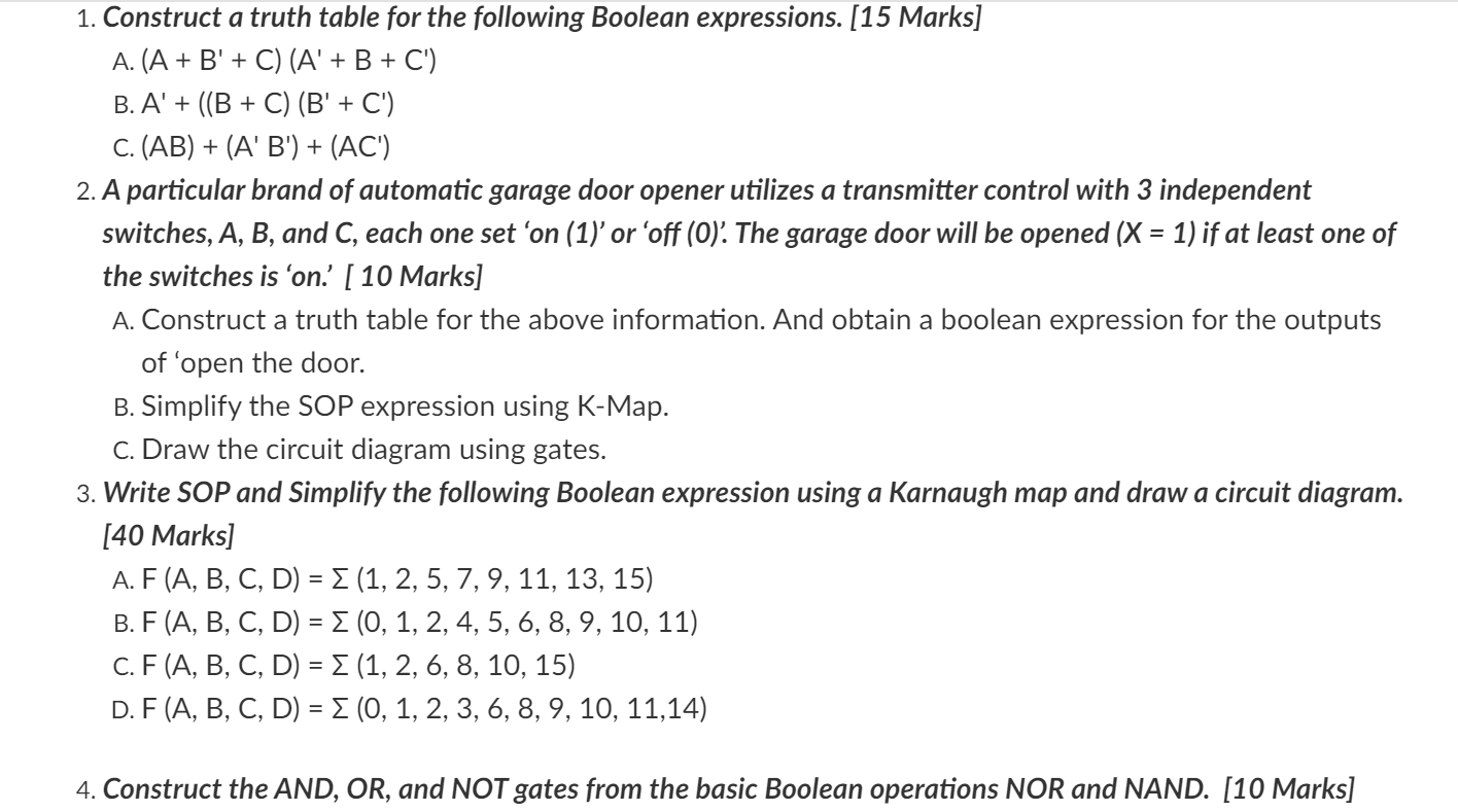  Construct a truth table for the following Boolean expressions. [15 Marks]