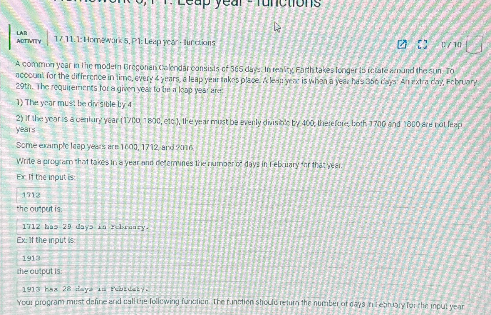  LAB Activity 17.11.1: Homework 5, P1: Leap year-functions A common year