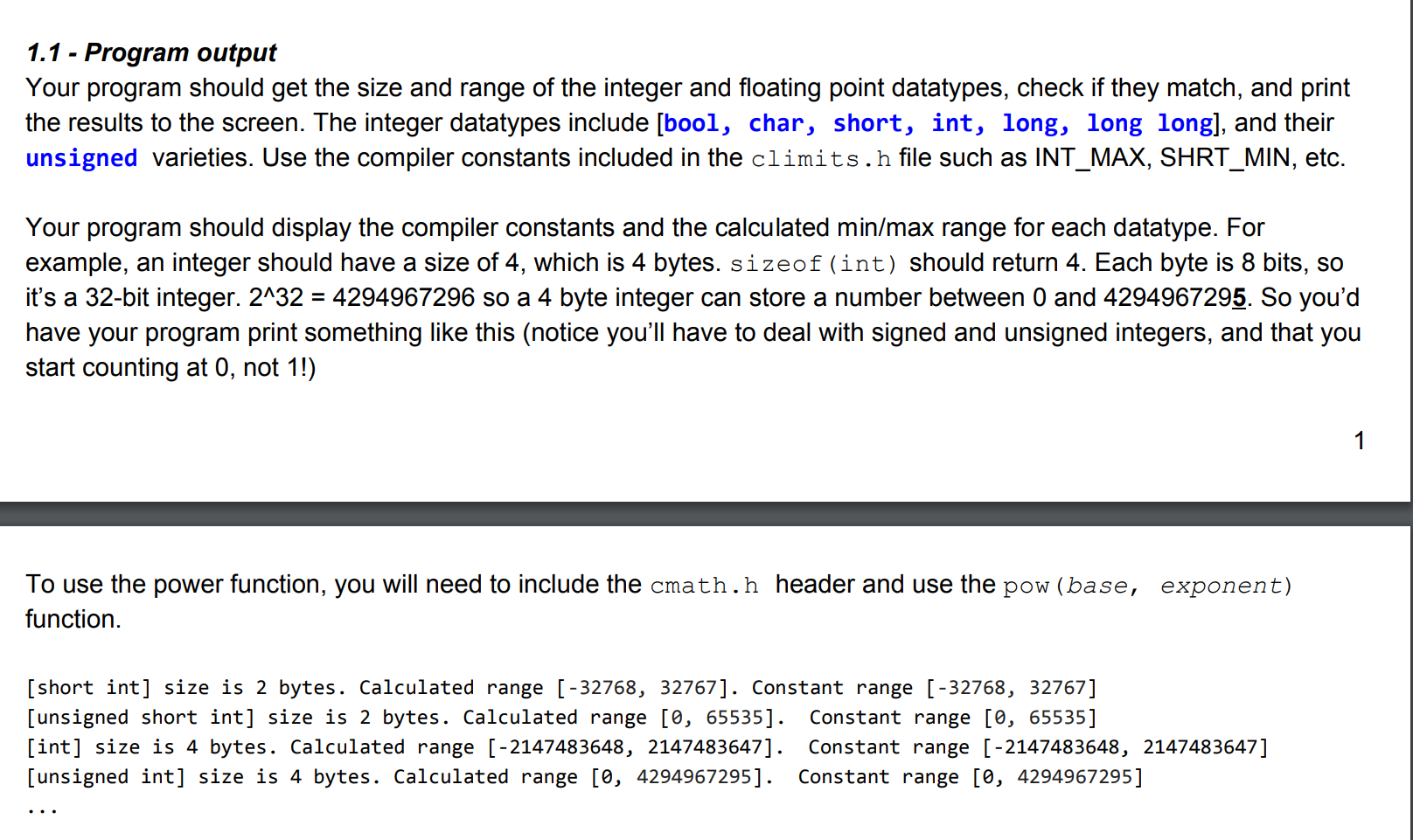  1.1 - Program output Your program should get the size and