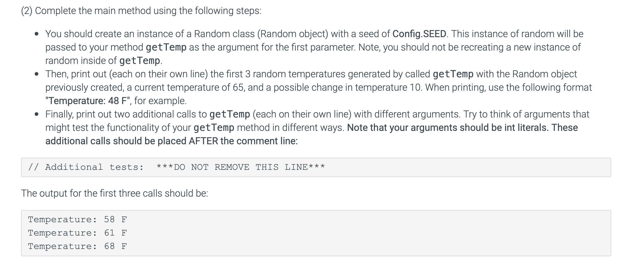class to generate random temperatures (integers) between some minimum (exclusive) and some