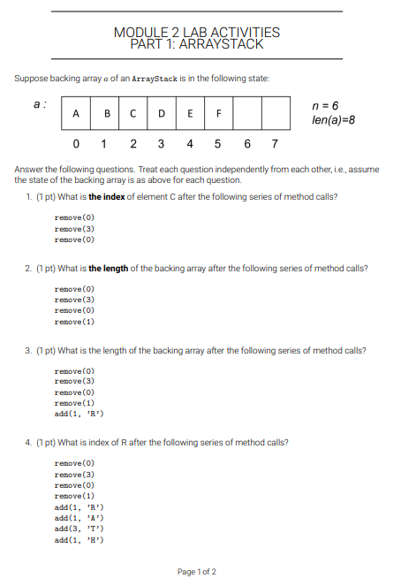  NEED HELPP Suppose backing array a of an Arraystack is in