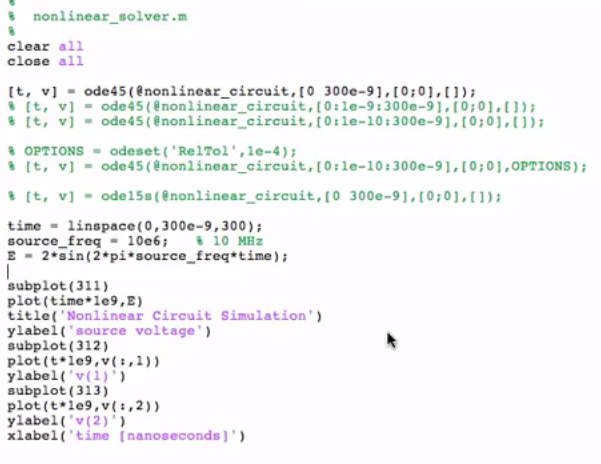 system of two differential equations describing voltages v1 and v2 in the