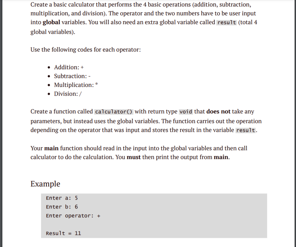 printing.) 2 point(s): Correct declaration of global variables. 2 point(s): Correct implementation