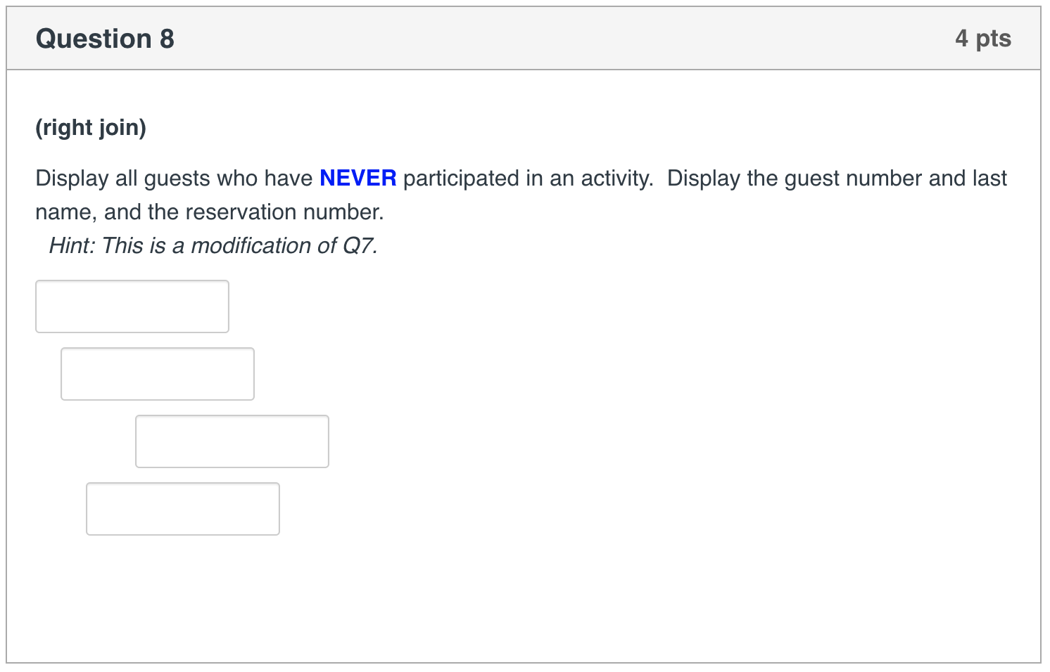 conditions for the result. For table aliases, use the first letter of