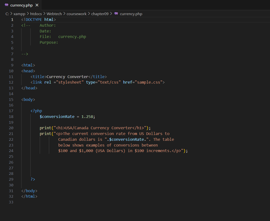  Modify currency.php, using a FOR loop to display a table with