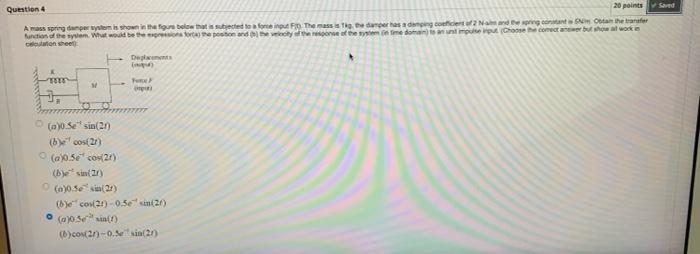  Question 4 20 points Saved A mass spring demper is shown